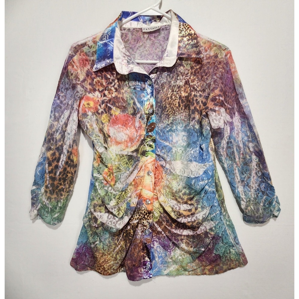Fantazia Women's Floral Stretchy Multicolor Hippie Blouse Size L